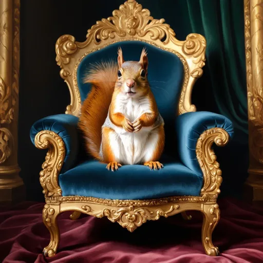 Prompt: Regal squirrel on a golden throne, oil on canvas, renaissance style, royal court, luxurious velvet cushion, ornate details, high quality, detailed fur, regal atmosphere, rich color palette, soft lighting, oil painting, renaissance, regal, luxurious, royal court, detailed fur, gold accents, velvet cushion, soft lighting