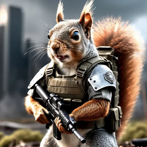Prompt: A professional photorealistic image of a battle-hardened squirrel with one cloudy eye. The squirrel is wearing ballistic armor and carries a weapon. Fires rage in the distance. Atmospheric, strong contrast, 8k hdr detailed.