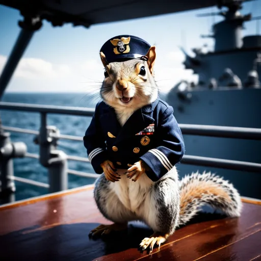 Prompt: A squirrel in an American WW2 navy uniform stands on the deck of a warship from 1944.
Gritty, atmospheric, high-contrast, professional, photorealistic.