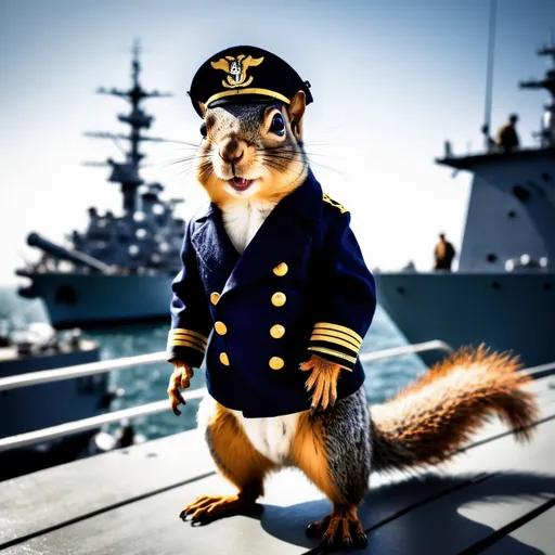 Prompt: A squirrel in an American WW2 navy uniform stands on the deck of a warship from 1944.
Gritty, atmospheric, high-contrast, professional, photorealistic.