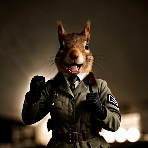 Prompt: A squirrel dressed in full WW2 garb clenches its teeth and raises a fist in defiance.
Professional, photorealistic, atmospheric lighting, 8k HDR