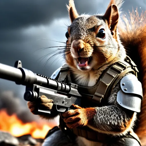 Prompt: Professional photorealistic image of a battle-hardened squirrel, cloudy eye, wearing ballistic armor, carrying a weapon, fires raging in the distance, atmospheric, strong contrast, 8k HDR detailed, intense gaze, realistic fur, detailed armor, apocalyptic setting, high quality, photorealistic, intense, dramatic lighting, detailed textures, realistic, intense atmosphere