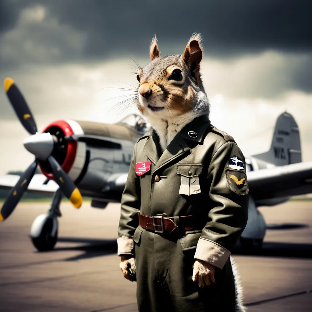 Prompt: A squirrel in American WW2 pilot uniform stands in front of a P-51 on the runway in England circa 1944.
Gritty, atmospheric, high-contrast, professional, photorealistic.