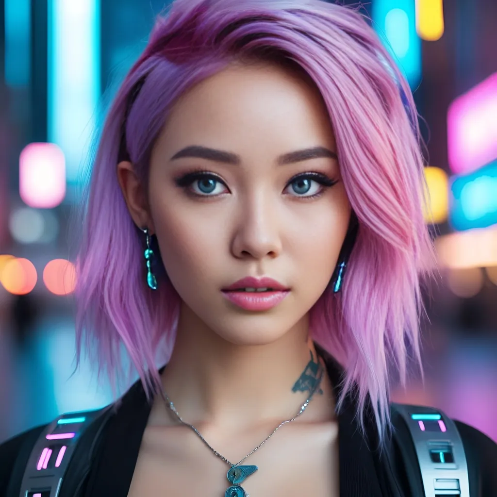 Prompt: Extremely detailed, high resolution, photo realistic, beautiful Asian girl, similiar features of Belle Delphine, realistic, cyberpunk, beautiful detailed blue eyes, cinematic lighting, facial tattoos, cybernetic enhancements, futuristic cityscape, professional, detailed, cyberpunk, realistic, atmospheric lighting, futuristic, detailed eyes, pink purple hair, 8K, ultraHD