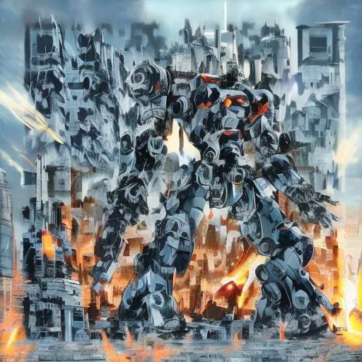 Prompt: masterpiece, best quality, mecha, no humans, black armor, blue eyes, science fiction, fire, laser canon beam, war, conflict, destroyed city background