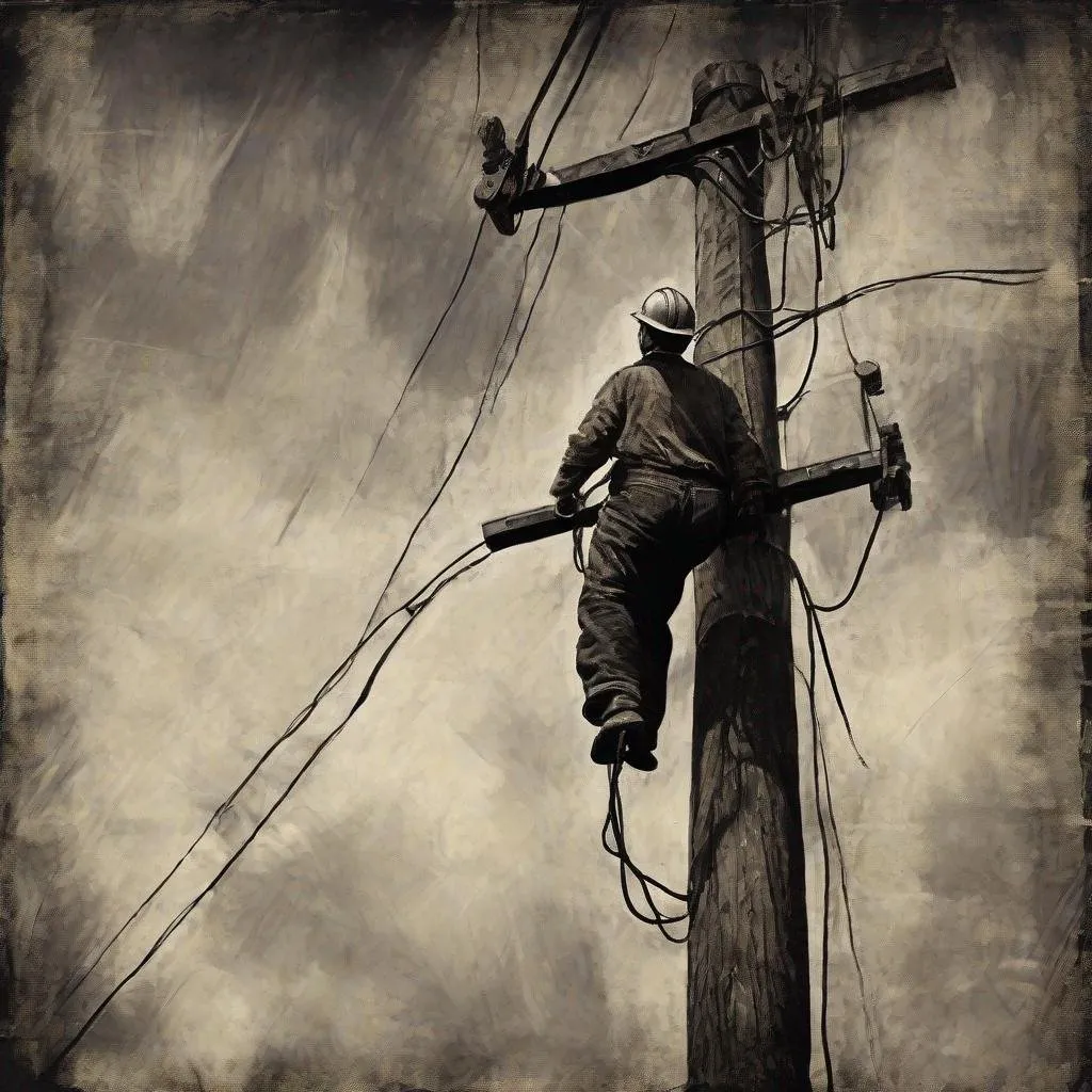 Prompt: 1930's Power Lineman, thick impasto, impressionism, vintage clothing, rugged face, weathered hands, electrical poles, industrial setting, textured brushstrokes, black and white, moody lighting, high texture, thick paint, vintage, industrial, weathered look, rough texture, atmospheric lighting