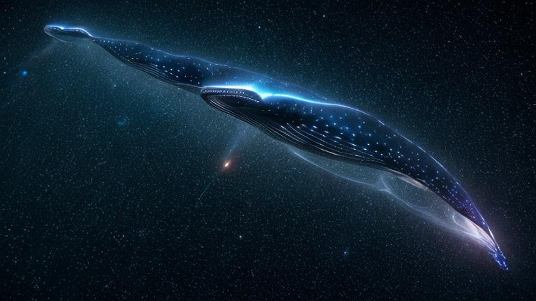 Prompt: Gigantic flying whales with constellation skin swimming through cosmos, planetary orbits, space opera, vibrant celestial colors, high definition, cosmic, surreal, detailed whales, detailed constellations, cosmic art style, vibrant and ethereal lighting