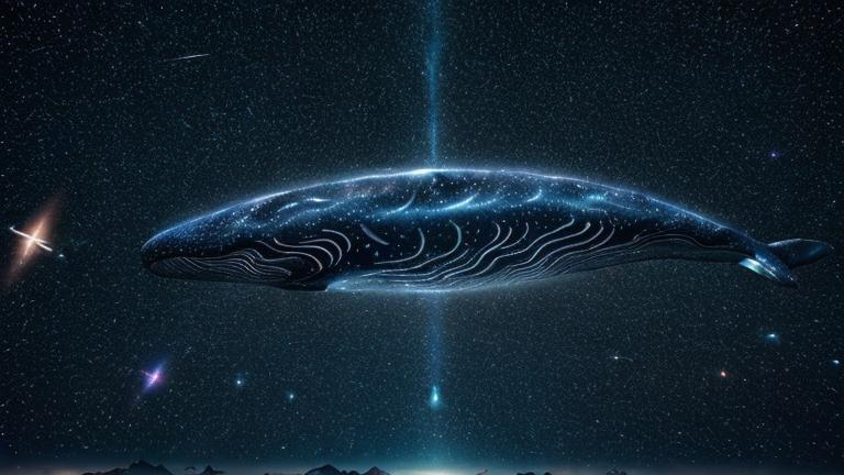 Prompt: Gigantic flying whales with constellation skin swimming through cosmos, planetary orbits, space opera, vibrant celestial colors, high definition, cosmic, surreal, detailed whales, detailed constellations, cosmic art style, vibrant and ethereal lighting