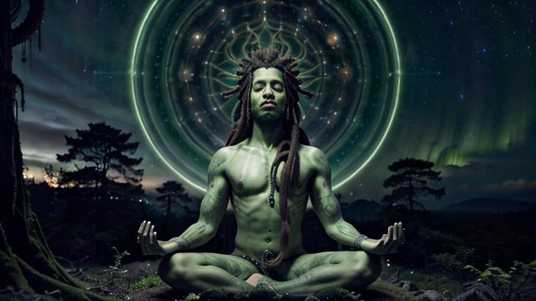 Prompt: Male human with dreadlocks meditating, cosmic octopus-like skin, deep green forest, godrays, temple, cosmic constellations, highres, detailed, cosmic style, deep green tones, atmospheric lighting