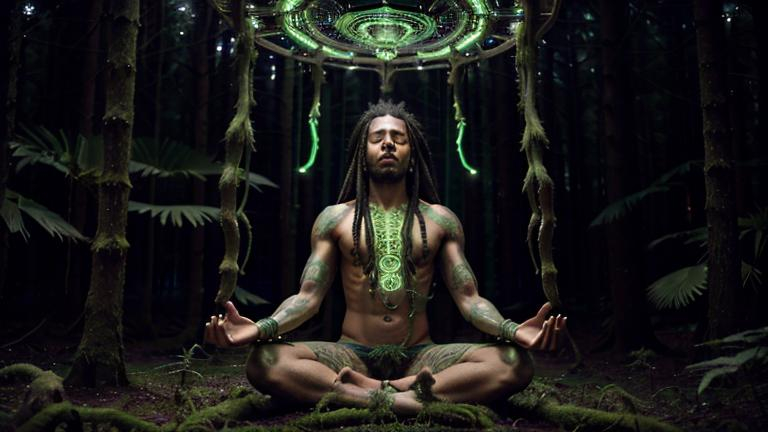 Prompt: Male human with dreadlocks meditating, cosmic octopus-like skin, deep green forest, godrays, temple, cosmic constellations, highres, detailed, cosmic style, deep green tones, atmospheric lighting