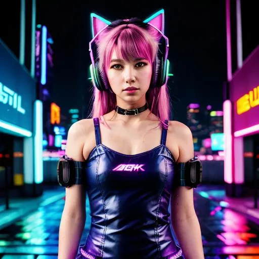 Prompt: Cyberpunk catgirl dancing in neon-lit rain, short dress, cyberpunk accessories, urban setting, high-tech headphones, futuristic cityscape, colorful neon reflections, puddle reflections, sleek and edgy design, high quality, cyberpunk, futuristic, neon-lit, urban, catgirl, dancing, short dress, high-tech accessories, sleek design, colorful neon, rainy atmosphere, detailed reflections, professional lighting