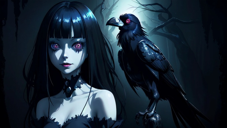 Prompt: Girl and raven, full body, short dress, otherworldly, surreal, beautiful face, smile, highres, detailed, surrealist, dark tones, eerie lighting, intense expression, psychedelic, nightmarish, surrealistic, high Detail, perfekt lighting, anime Style, 2.5 D