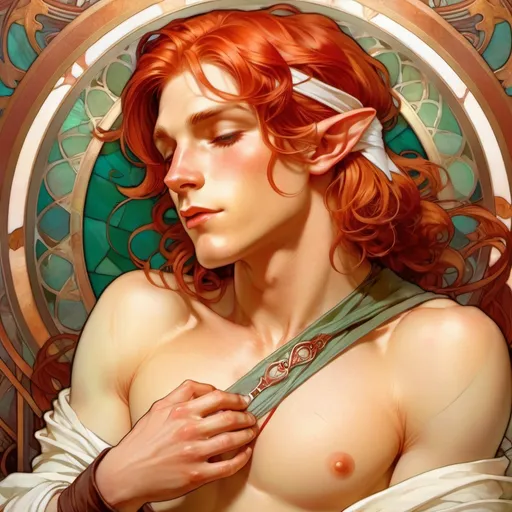 Prompt: A handsome redhead elf recovering from a chest injury. He has shoulder-length wavy red hair, a handsome face and his chest is bandaged