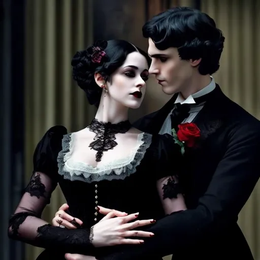Prompt: A beautiful victorian Gothic lady. She has pale skin, short black hair, black lace victorian dress, and a beautiful face. She's holding a man in her arms 