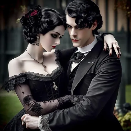 A man and his woman partner in Victorian Gothic dress at the