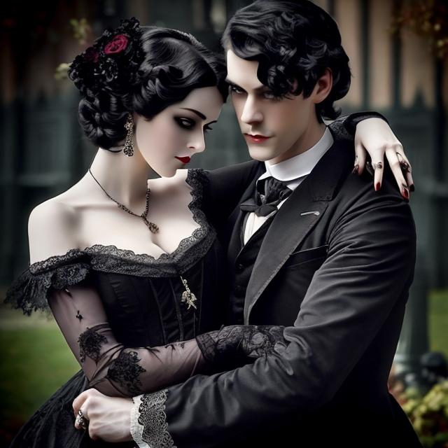 Prompt: A beautiful victorian Gothic lady. She has pale skin, short black hair, black lace victorian dress, and a beautiful face. She's holding a man in her arms 