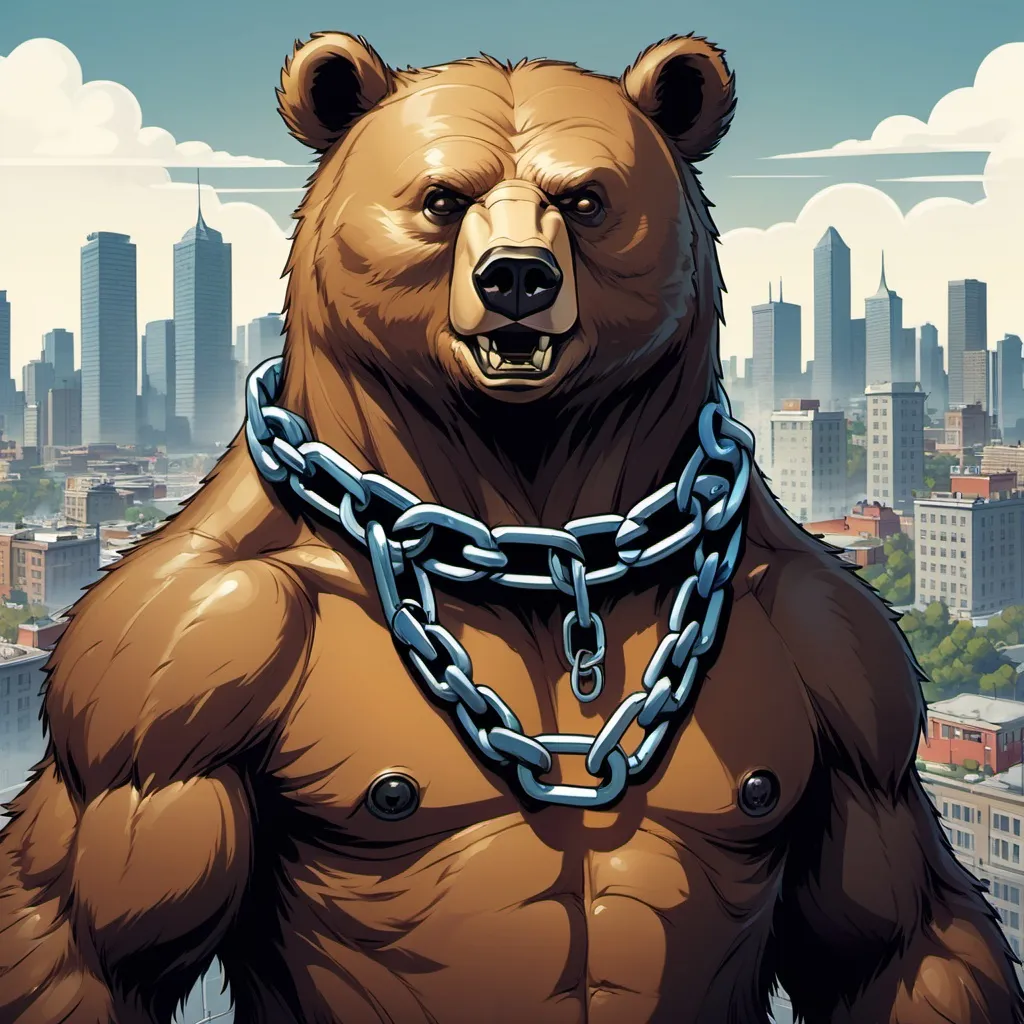 Prompt: a poster of a bear with chains around its neck and a chain around its neck, with a city in the background, Anthony Palumbo, furry art, comic cover art, concept art