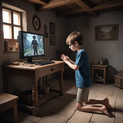 Prompt: Boy using computer vision for physical telerehabilitation, using a camera web for being recorded. in the screen is a magical and medieval video game. he is doing the physical rehabilitation of a knee. He is not using glasses or earphones.  the boy is 2 meters far away from the screen. please the buy standing up.

The boy is in his house, a normal house of the current days.

the videogame is a magical environment.

Please remove. the boy has a lesson in his shoulder with bandage

Has ine hand  and shoulder raised 



