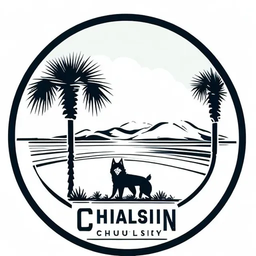 Prompt: I need a logo for Charleston Product Photography

Do this in a cartoon style. A Man sitting with a camera and a husky under a Palmetto tree. Wide frame. Simplistic line drawing.
