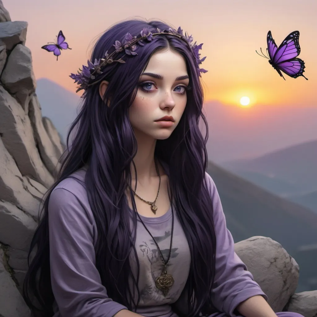 Prompt: A close up of  a beuitiful tranquil anima style girl , long dark purple hair and bige dreamy eyes detailed 3d imge in the style of Banksy sitting on a mountain meditating with buterflies and a sunset