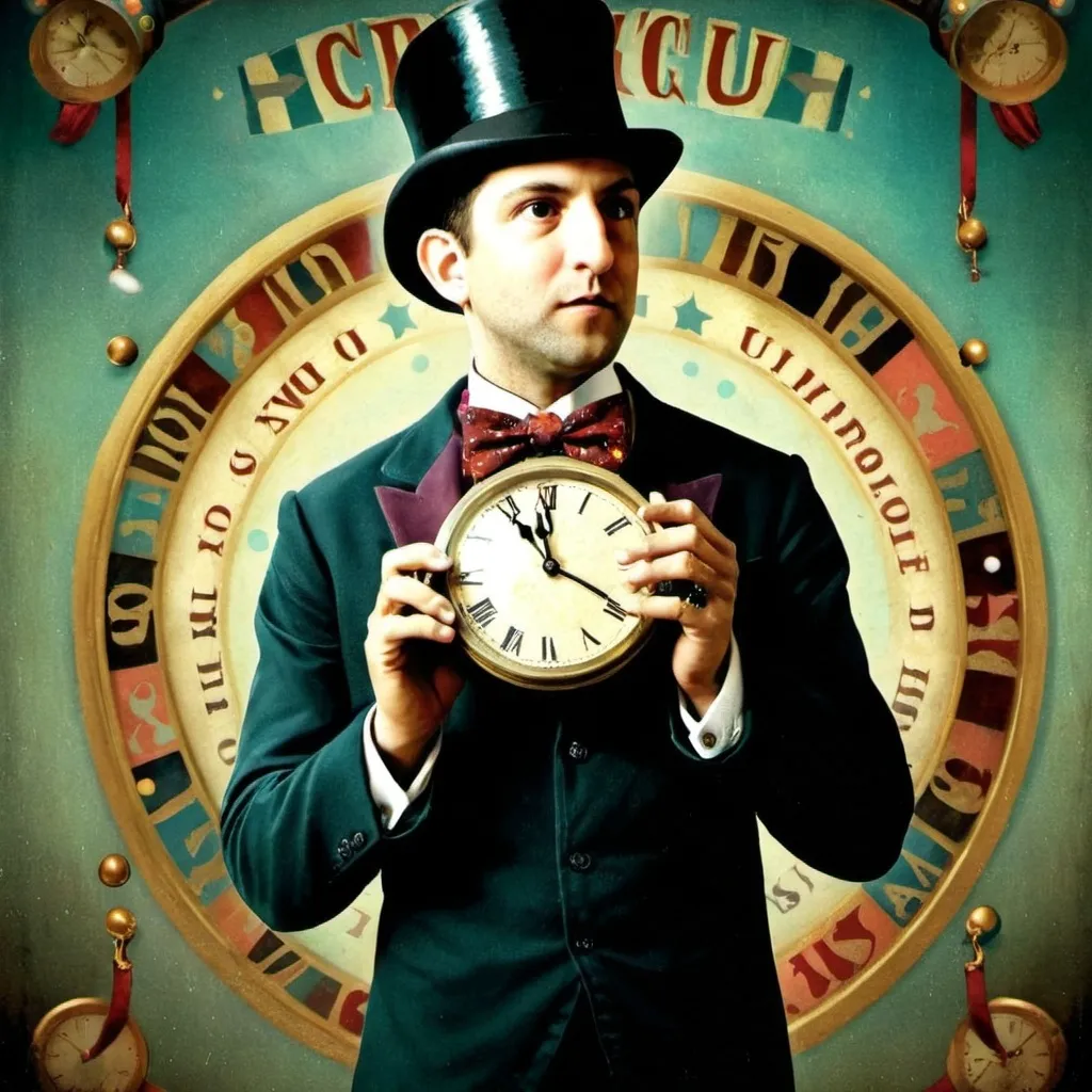 Prompt: a man in a top hat and bow tie holding a clock and a ball in front of a circus poster, Daniel Merriam, pop surrealism, highly detailed digital painting, an ultrafine detailed painting