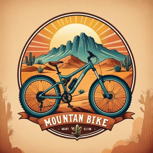Prompt: Mountain bike logo in the desert, dusty and rugged terrain, high quality, detailed illustration, vintage, warm tones, midday sun, with cactus background, retro, desert landscape, old-school, textured details, vibrant colors