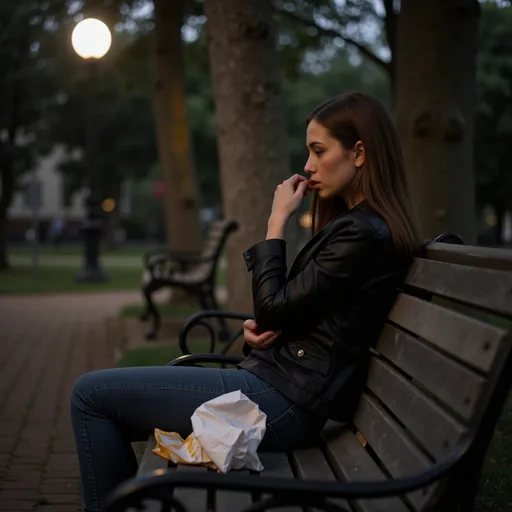 Prompt: A person sitting alone on a park bench, looking deep in thought with a concerned expression. Nearby, crumpled paper and empty snack wrappers are subtly tucked beside them. The atmosphere is moody with soft lighting, evoking feelings of contemplation and introspection."