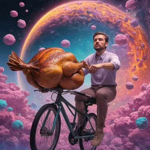 Prompt: A cooked Rotisserie chicken floating in front of a bicyclist drooling for it (paychedelic pop art cosmic surrealism vaporwave) 