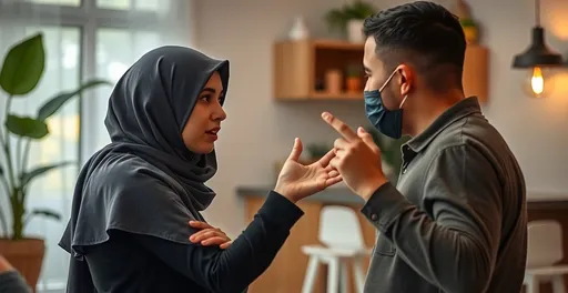 Prompt: Hijab woman arguing with a man in the home environment