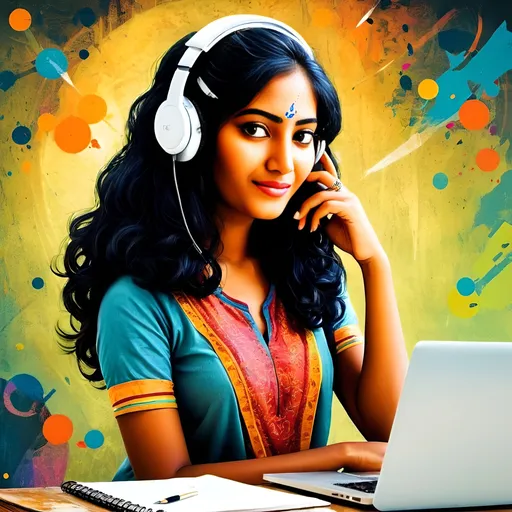 Prompt: Create a vibrant cartoon painting with a 1:1 aspect ratio of an olive-skinned girl from Andhra Pradesh, India, with flowy, voluminous black hair, wearing headphones, and watching a laptop. She should have a cute expression, holding a pen with the other side in her mouth. Use bright and lively colors for the girl, and incorporate black, gold, and copper patterns in the backdrop, along with other accentuating colors. The background should include fun elements such as bubbles, stars, or whimsical patterns. The girl should be depicted in an energetic and lively pose, with clean, simple lines and a playful cartoon style.