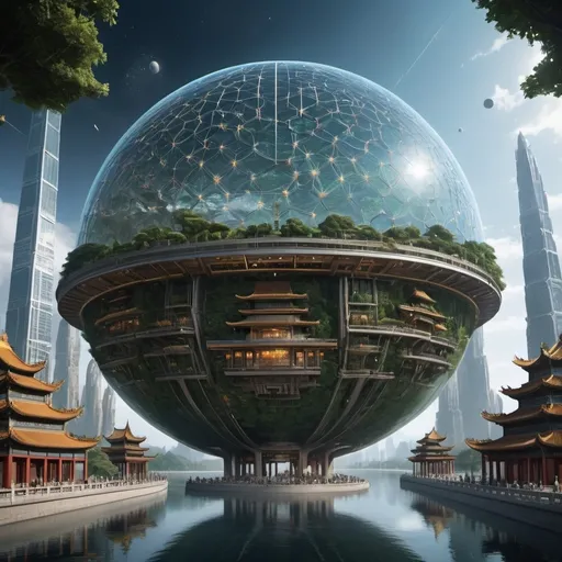 Prompt: Create a depiction of China in the year 999,999,998,999,999,999, an era nearly one quintillion years in the future. Show an advanced civilization existing on a massive, artificial structure floating in deep space, possibly a Dyson sphere or an O'Neill cylinder. The structure is illuminated by artificial stars and contains towering, futuristic skyscrapers with sleek, organic architecture made of advanced, unknown materials. The scene includes flying vehicles, spaceports, and interstellar travel facilities. Holographic advertisements and data displays are omnipresent, projecting vibrant, dynamic images into the air. Nature is intricately woven into the environment with vast vertical gardens, floating forests, and artificial lakes, creating a harmonious balance between advanced technology and preserved natural elements. Traditional Chinese elements such as pagodas and temples are seamlessly integrated into the high-tech structures, and ancient art forms are displayed using advanced holographic technology. The entire scene is vibrant, otherworldly, and reflects a blend of ultra-futuristic technology with deep cultural heritage, all within a massive, self-sustaining space habitat."

