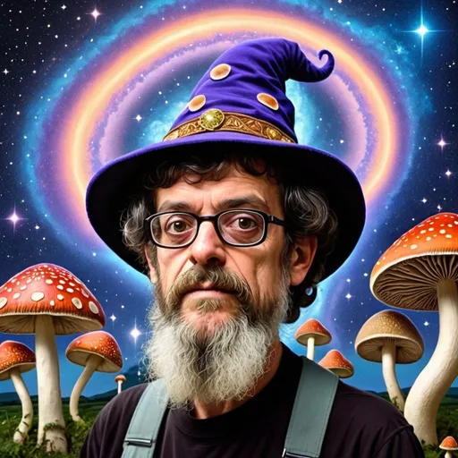 Prompt: cartoon styled(reference adventure tine) terence mckenna as a wizard of mushrooms in a trip of psychedelics, offering psilocybin cubensis mushroom as the key of open minded, background  of the milky way with some alien mixed , suggesting that the mushrooms will change your perception of life