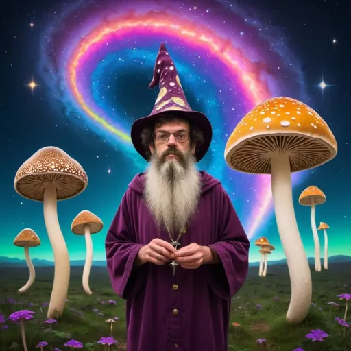 Prompt: Adventure time styled terence mckenna as a wizard of mushrooms in a psychedelic style, offering psilocybin cubensis mushroom as the key of open minded, background  of the milky way with some alien mixed , suggesting that the mushrooms will change your perception of life