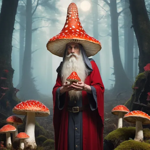 Prompt: Surrealist wizard offering amanita muscaria, with a nirvana style universe background 