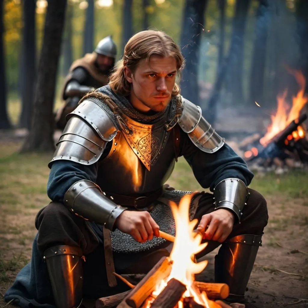 Prompt: medieval warrior sittting and looking into campfire, sparks flying 