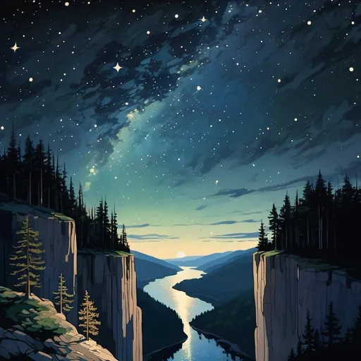 Prompt: a clear starry night looking down a cliff at a forested bay in an existentialist style