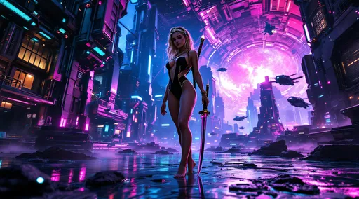Prompt: A photorealistic dark sci-fi themed depiction of a gritty, highly detailed underworld of a galactic space station, alive with cold metallic colors and vibrant neon glows. The scene intricately detailed showcases imaginative futuristic buildings and flying vehicles that contribute to an electric, humid atmosphere. In the distance, shot from a ground level, worm's eye perspective, the viewpoint emphasizes the girl's full body feet. In the distance she stands ankles crossed tip toed Barefoot confidently with her hand on her hip a full-body image captures a white Caucasian barefoot girl with light blue eyes and lightly braided blonde hair, adorned with a diamond hairband. She is barefooted in a chic black and gold one-piece dramatically cut armor bodysuit string swimsuit. A katana with a neon hilt is sheathed on her back, enhancing her fierce presence. The high-contrast lighting casts intense shadows and bold highlights, creating a cinematic depth that heightens the suspenseful tone. Rich colors and powerful visual impact contribute to the theatrical ambiance, framing her full body feet, iridescent style, bright and reflective atmosphere light effects, holographic background, the framing is mid-low shot to capture the entire scene, including the subject's feet and the surrounding environment
