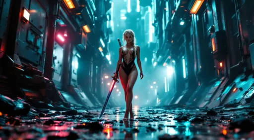 Prompt: A photorealistic dark sci-fi themed depiction of a gritty, highly detailed underworld of a galactic space station, alive with cold metallic colors and vibrant neon glows. The scene intricately detailed showcases imaginative futuristic buildings and flying vehicles that contribute to an electric, humid atmosphere. In the distance, shot from a ground level, worm's eye perspective, the viewpoint emphasizes the girl's full body feet. In the distance she stands ankles crossed tip toed Barefoot confidently with her hand on her hip a full-body image captures a white Caucasian barefoot girl with light blue eyes and lightly braided blonde hair, adorned with a diamond hairband. She is barefooted in a chic black and gold one-piece dramatically cut armor bodysuit string swimsuit. A katana with a neon hilt is sheathed on her back, enhancing her fierce presence. The high-contrast lighting casts intense shadows and bold highlights, creating a cinematic depth that heightens the suspenseful tone. Rich colors and powerful visual impact contribute to the theatrical ambiance, framing her full body feet, iridescent style, bright and reflective atmosphere light effects, holographic background, the framing is low shot to capture the entire scene, including the subject's feet and the surrounding environment