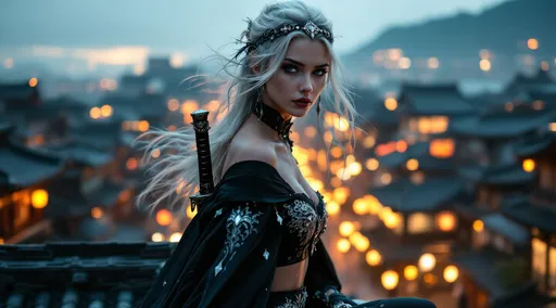 Prompt: A striking figure perched on a Feudal Japan rooftop. A young visibly barefoot, the camera view wide. Caucasian woman with flowing, platinum blonde hair with an ornate head band or hair tie with diamond accents, gazes intently into the distance, her expression a blend of calm and intensity. Adorned in a dark, silver adorned, revealing, intricately designed outfit complemented by black gothic crop top and a flowing cape, she exudes an aura of mystery, enhanced by the ornate sword sheathed on her back. The backdrop of a bustling, lantern-lit street evokes a sense of lively, yet tranquil evening in an ancient-style town, illuminated by warm, golden glows and deep shadows. The composition captures a perfect balance between the foreground's detailed figure and the enchanting blur of the vibrant street scene behind her, creating a captivating narrative of adventure and intrigue. The overall mood is one of heightened drama, accentuated by the contrast between her dark attire and the softly glowing lights around her, set against a rich, dusky blue sky.
