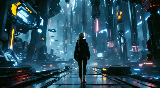 Prompt: A photorealistic dark sci-fi themed depiction of a gritty, highly detailed underworld of a galactic space station, alive with cold metallic colors and vibrant neon glows. The scene intricately detailed showcases imaginative futuristic buildings and flying vehicles that contribute to an electric, humid atmosphere. In the distance, shot from a ground level, worm's eye perspective, the viewpoint emphasizes the girl's full body feet. In the distance she stands ankles crossed tip toed Barefoot confidently with her hand on her hip a full-body image captures a white Caucasian barefoot girl with light blue eyes and lightly braided blonde hair, adorned with a diamond hairband. She is barefooted in a chic black and gold one-piece dramatically cut armor bodysuit string swimsuit. A katana with a neon hilt is sheathed on her back, enhancing her fierce presence. The high-contrast lighting casts intense shadows and bold highlights, creating a cinematic depth that heightens the suspenseful tone. Rich colors and powerful visual impact contribute to the theatrical ambiance, framing her full body feet, iridescent style, bright and reflective atmosphere light effects, holographic background, the framing is low shot to capture the entire scene, including the subject's feet and the surrounding environment