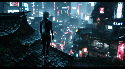Prompt: A dark sci-fi themed scene set in a dystopian reimagining of 1700's Edo period Japan, where advanced technology motifs intertwine with traditional elements. The environment features cold metallic colors illuminated by neon glows, set against a backdrop of old homes and street vendors. Shot from a ground-level worm's eye perspective, the extreme low angle emphasizes the towering structures and the bare foot girl standing confidently on a shingled rooftop above. She is a young bare foot Caucasian girl with lightly braided white hair and striking light-colored eyes, her bare feet adorned with intricately designed foot bracelets that catch the light. She wears a chic, bodysuit inspired by futuristic design, featuring stylish cuts in the suit that contrast with the historical surroundings. The atmosphere is enhanced by high-contrast lighting with intense shadows and bold highlights, creating a cinematic depth that adds suspense and a powerful visual impact. The rainy scene reflects the soft glow of old lanterns hanging throughout, merging the old with the new in a theatrical ambiance filled with complex machinery and rich colors.