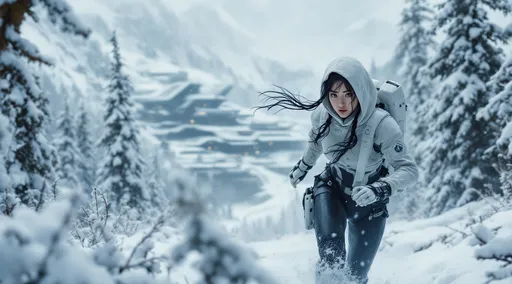 Prompt: Photorealistic, detailed, intricate details, A pretty Japanese girl, toned but soft body figure, on the run, distressed, cautious, tussled braided black hair, special forces, covert, spy. White science fiction style laser rifle sheathed on back, form fitting tight science fiction body suit, white cloth hood, enemy danger close, behind enemy lines, snow, mountain forest, winter. Highly detailed, miles long science fiction enemy base background