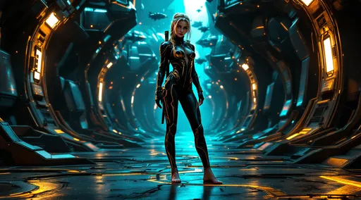 Prompt: A photorealistic dark sci-fi themed depiction of a gritty, highly detailed underworld of a galactic space station, alive with cold metallic colors and vibrant neon glows. The scene intricately detailed showcases imaginative futuristic buildings and flying vehicles that contribute to an electric, humid atmosphere. In the distance, shot from a ground level, worm's eye perspective, the viewpoint emphasizes the girl's full body feet. In the distance she stands ankles crossed tip toed Barefoot confidently with her hand on her hip a full-body image captures a white Caucasian barefoot girl with light blue eyes and lightly braided blonde hair, adorned with a diamond hairband. She is barefooted in a chic black and gold one-piece dramatically cut armor bodysuit string swimsuit. A katana with a neon hilt is sheathed on her back, enhancing her fierce presence. The high-contrast lighting casts intense shadows and bold highlights, creating a cinematic depth that heightens the suspenseful tone. Rich colors and powerful visual impact contribute to the theatrical ambiance, framing her full body feet, iridescent style, bright and reflective atmosphere light effects, holographic background, the framing is mid-low shot to capture the entire scene, including the subject's feet and the surrounding environment