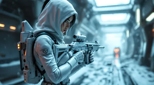 Prompt: Photorealistic, worm's eye view, sharp detailed environment, sharp detailed background. A pretty Japanese girl, anatomically accurate hands and feet toned but soft body figure, on the run, distressed, cautious, black hair, hazel eyes, special forces, covert, spy. White science fiction style laser rifle slung over back. In a form fitting tight science fiction, sleek body suit, white cloth hood. High tech facility, danger close, winter, snow, wind, 