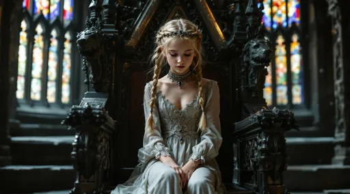 Prompt: A photo of a pretty, high detail barefooted girl, with strawberry hair and light braids held back by a black diamond head band. She is wearing a delicate gothic 14th century style top and matching bottoms in a gothic marble castle. She is in the throne room seated elegantly lady like. With 2 large overwhelming Knights on guard on each side of the girl, staring stoic, staring at the camera. The throne is ornate and intimidating. It's morning. Windows are stained glass.