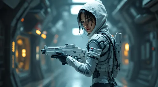 Prompt: Photorealistic, sharp detailed environment, sharp detailed background, high tech facility, intricate details, A pretty Japanese girl, anatomical accurate, toned but soft body figure, on the run, distressed, cautious, tussled braided black hair, special forces, covert, spy. White science fiction style laser rifle sheathed on back, form fitting tight science fiction body suit, white cloth hood.
