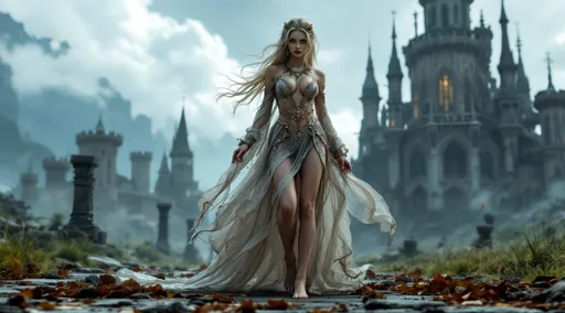 Prompt: Shot from a ground view perspective to capture the entire body. The life like character design is a young Caucasian attractive gothic inspired sorceress, adorned in revealing luxurious highly detailed fabric, her bare feet are perfectly rendered with precise accuracy, with ornate jewelry decorating them. She is posed walking elegantly on her tiptoes or standing legs with her legs playfully crossed on her tiptoes, the camera captures her entire body in the shot. She stands on highly detailed gothic grounds with a vast castle and a high sense of realism of the surrounding environment.



