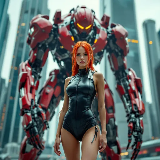 Prompt: surrealism style image, candid image photography, high realism lighting, editorial quality, young barefoot woman, 23 years old, red hair in a ponytail with white ribbon, black leather 2-piece suit, red Mech Unit at futuristic city background, natural textures, vibrant colors, high depth, ultra-detailed, striking contrasts, dreamlike ambiance.