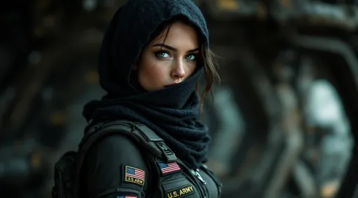 Prompt: With a determined gaze, a young woman stands, wrapped in a dark, textured scarf that partially conceals her features, while her intense green eyes pierce through the shadows of a rugged futuristic environment. She has a large natural breast size. She’s dressed in a stealth-tight form fitting bodysuit, adorned with practical pockets and zippers, 1 USA flag patch resonating a sense of survival and resilience. And A US ARMY patch seen on her front pocket. The camera is back from the subject. 