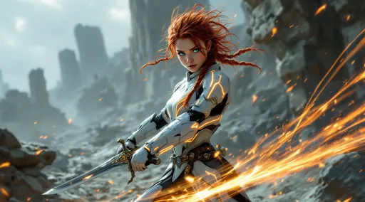 Prompt: In a desolate, crumbling landscape that hints at a once-grand civilization, a young warrior girl stands poised for battle, emanating strength and determination. Clad in a sleek, futuristic white armor illuminated by glowing orange lines, she grips a gleaming sword with a focused intensity, her piercing blue eyes locked on an unseen adversary. Her wild mane of red hair, styled in braids, whips dramatically around her as if stirred by an unseen wind, enhancing her fierce persona. The chaotic backdrop of shattered stone and distant ruins adds to the atmosphere of imminent conflict, underscoring the warrior's readiness to confront whatever dangers lie ahead, while sparks of energy dance around her, enriching the tension and excitement of the scene. The overall color palette is stark and moody, dominated by gray tones, with pops of bright color from her armor and the surrounding magical elements, creating a visually captivating tableau.